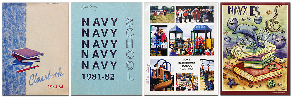 Photograph of the covers of four Navy Elementary School yearbooks.