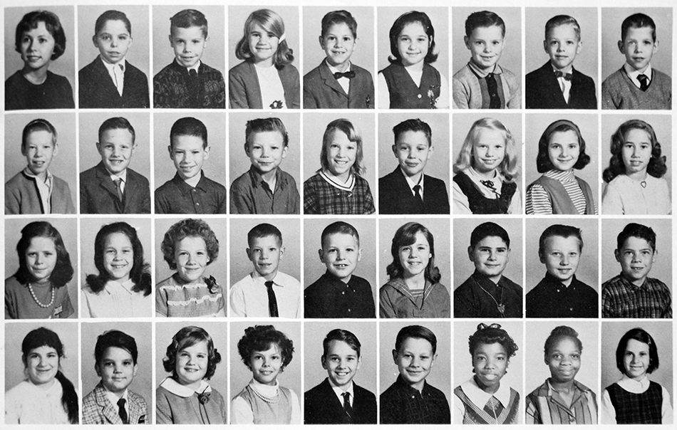 Black and white class picture from the 1965 yearbook. 35 children and their teacher are pictured. 